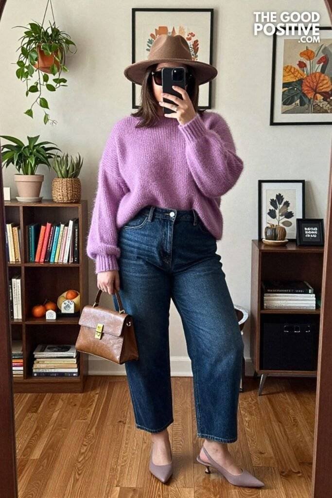 Dark Denim Barrel-Leg Jeans With Fuzzy Mohair Sweater and Kitten Heels