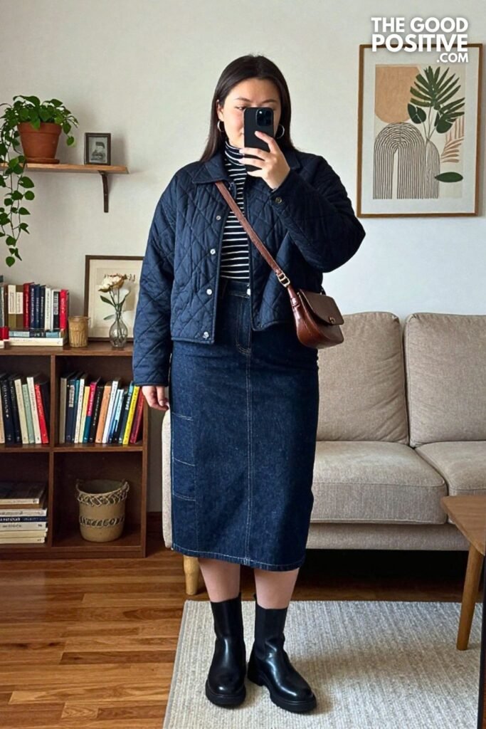 Dark Indigo Panel Denim Midi Skirt with Quilted Barn Jacket and Chelsea Boots