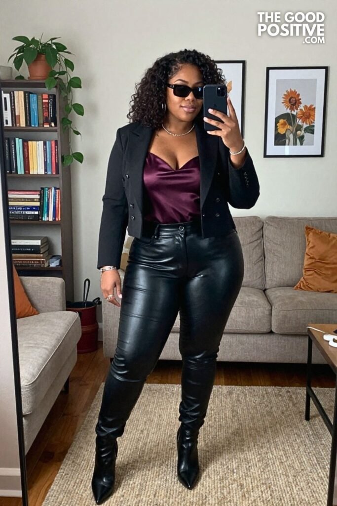 Deep Eggplant Satin Cami, Leather Pants, and Pointed Boots
