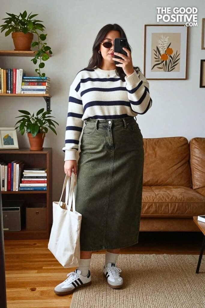 Deep Olive Denim Maxi Skirt with Rugby Knit and Retro Sneakers