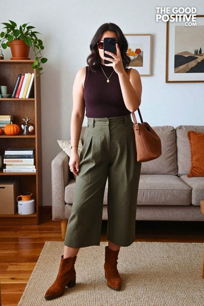 Deep Plum Sleeveless Knit with Olive Pull-On Culottes