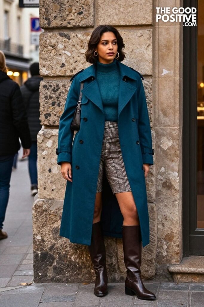 Deep Teal Cropped Trench with Plaid Knit Shorts