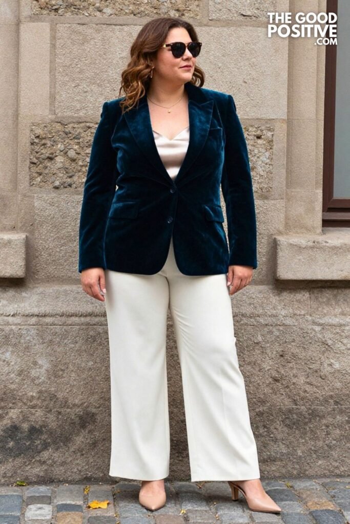 Deep Teal Velvet Blazer, Wide-Leg Trousers, Silk Cami
