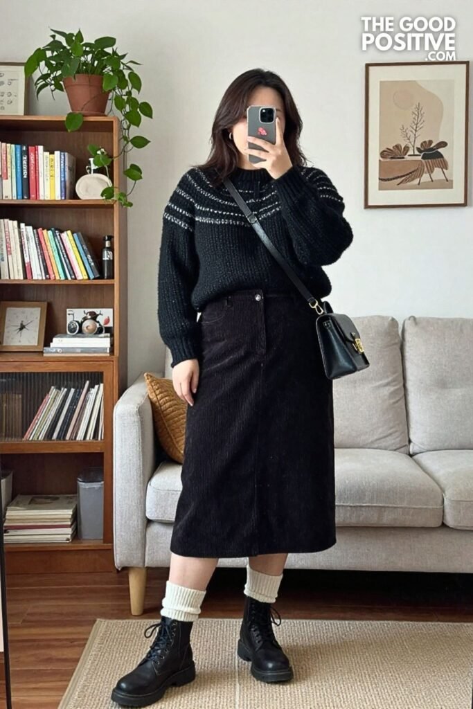 Donegal Knit Sweater with Corduroy Midi Skirt and Lace-Up Boots