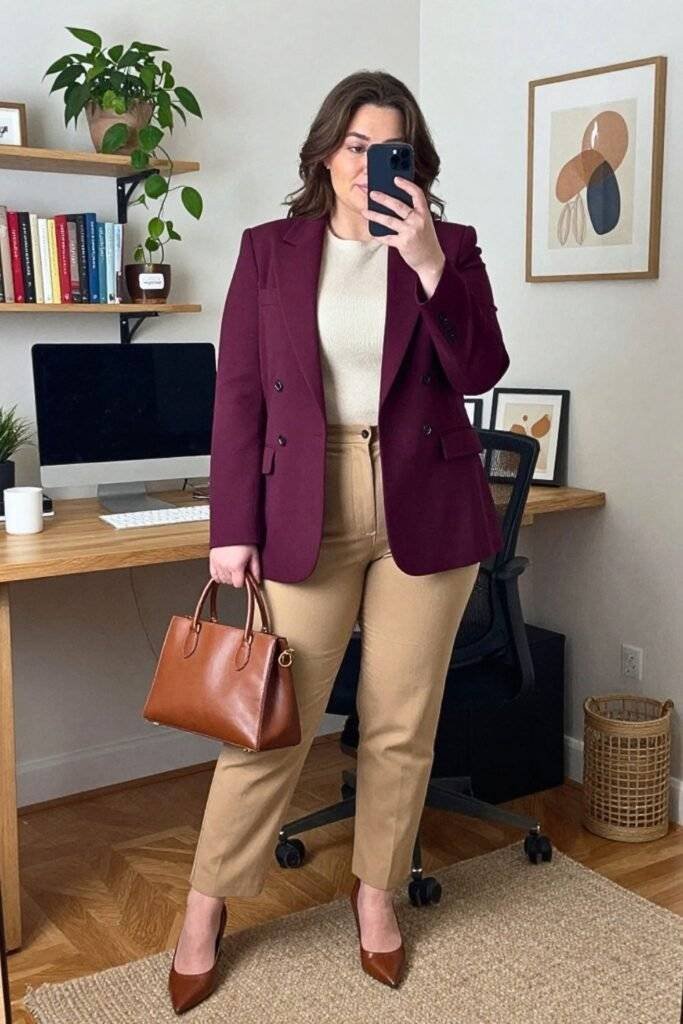 Berry-Toned Blazer with Neutral Trousers