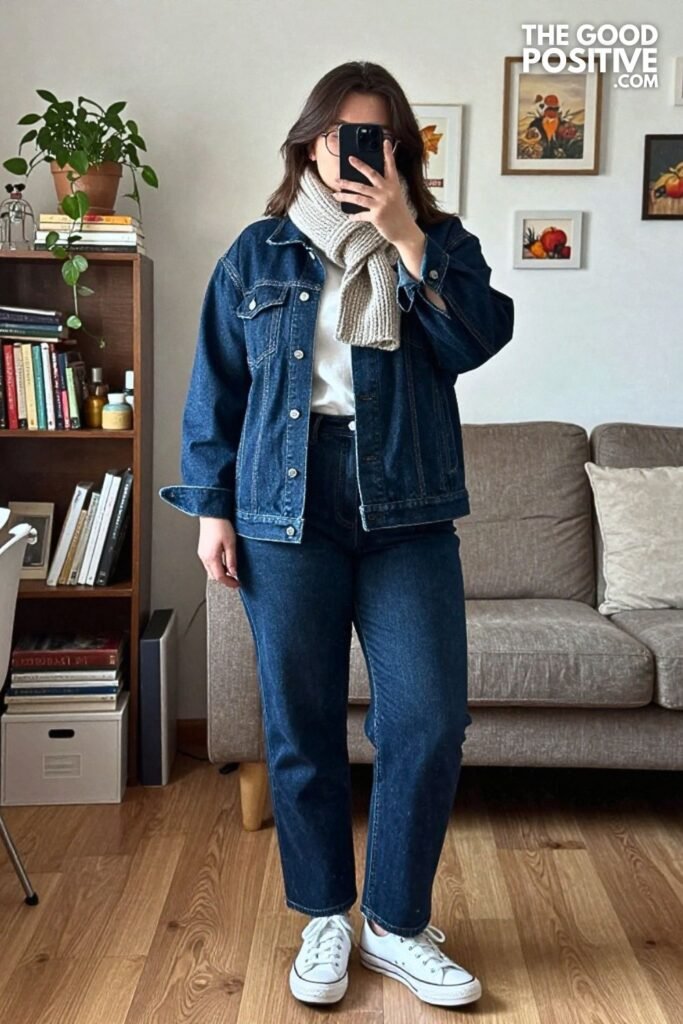 Double Denim Jacket, Tee, and Straight Leg Jeans