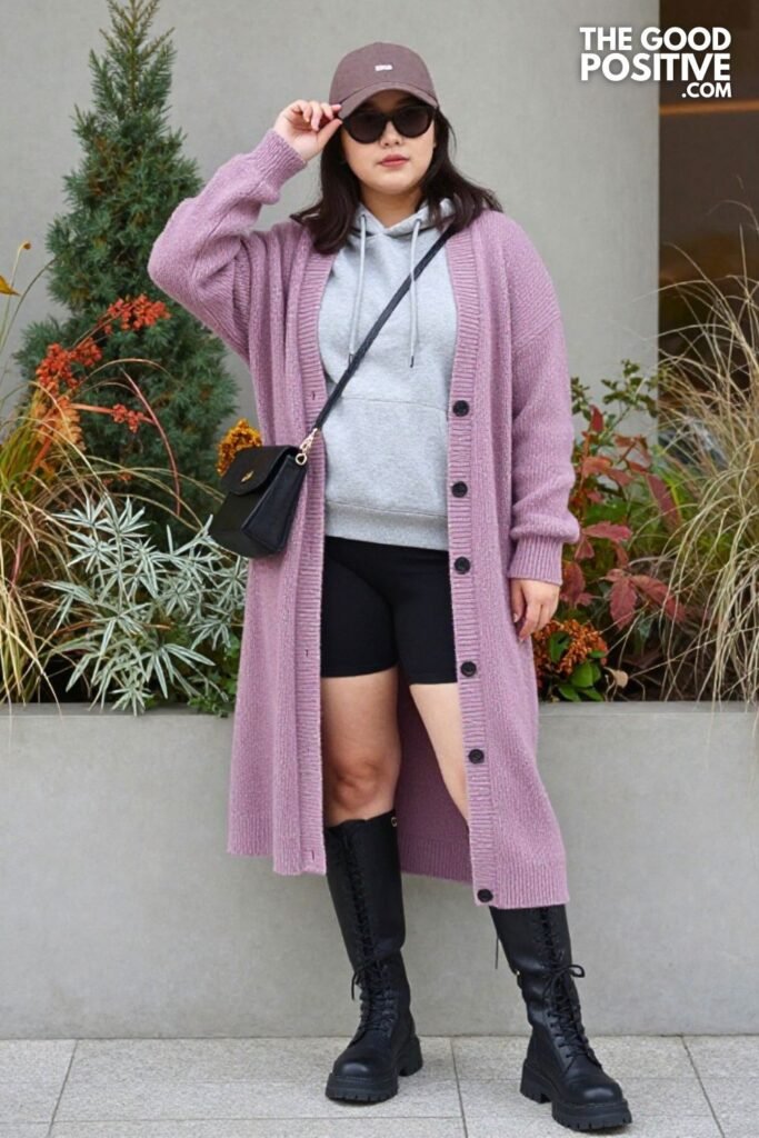 Dusty Mauve Longline Cardigan, Biker Shorts, Combat Boots