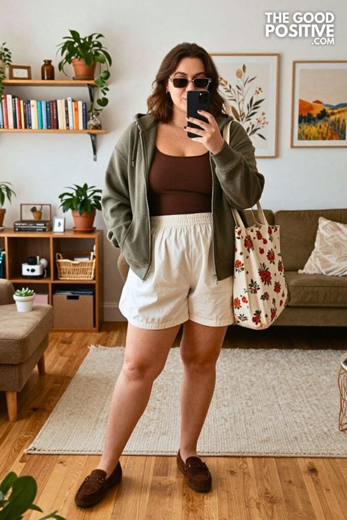 Dusty Olive Zip Hoodie with Ivory Poplin Bubble Shorts