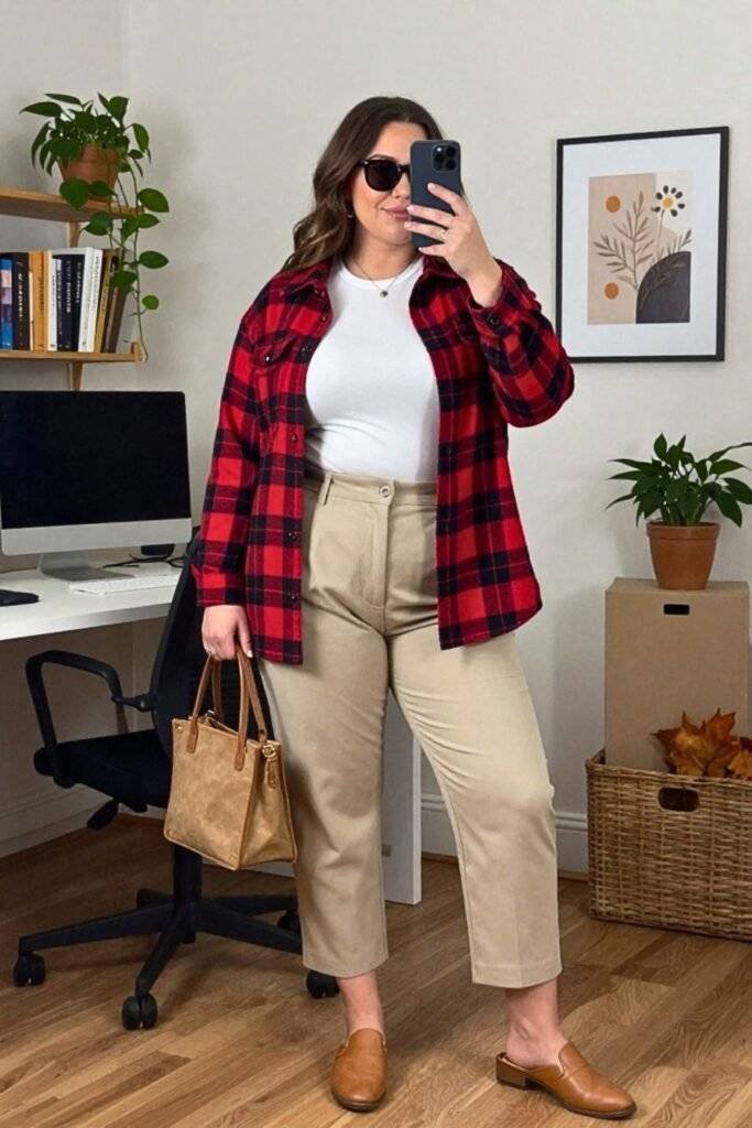Shacket Layered Over a Simple Tee and Trousers