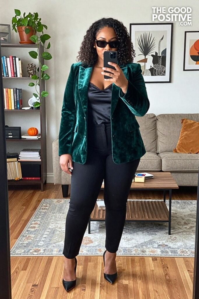 Emerald Velvet Blazer, Black Trousers, and Kitten Heels
