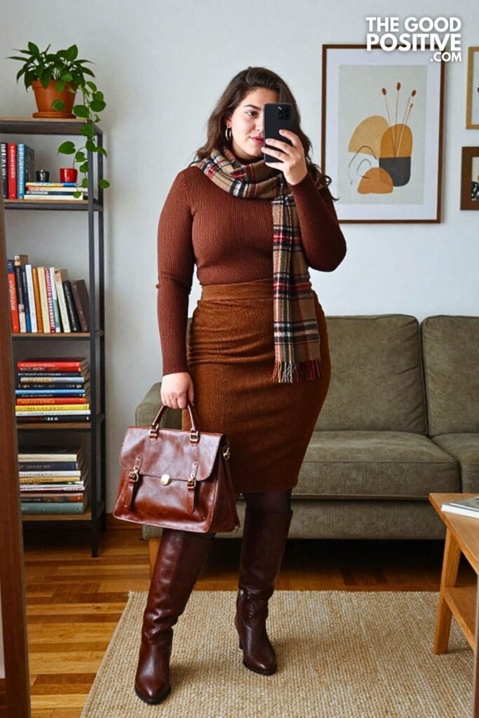 Espresso Corduroy Midi Skirt with Fair Isle Knit and Brown Knee-High Boots