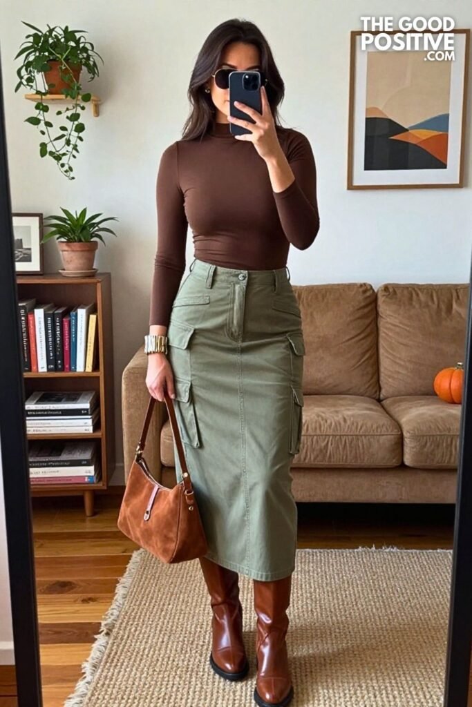 Espresso Mock Neck Tee with Sage Pleated Cargo Midi Skirt