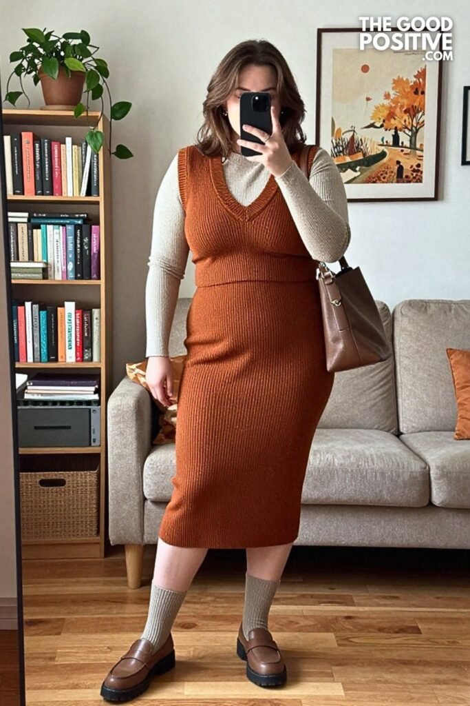 Fair Isle Sweater Vest with Knit Midi Skirt and Lug Sole Loafers
