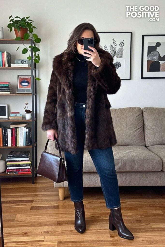 Faux Fur Collar Coat, Jeans, and Ankle Boots