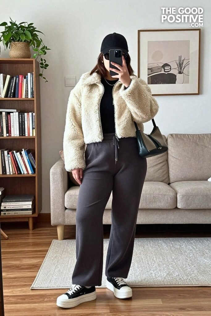 Faux Shearling Jacket, Wide-Leg Sweats and Platform Sneakers