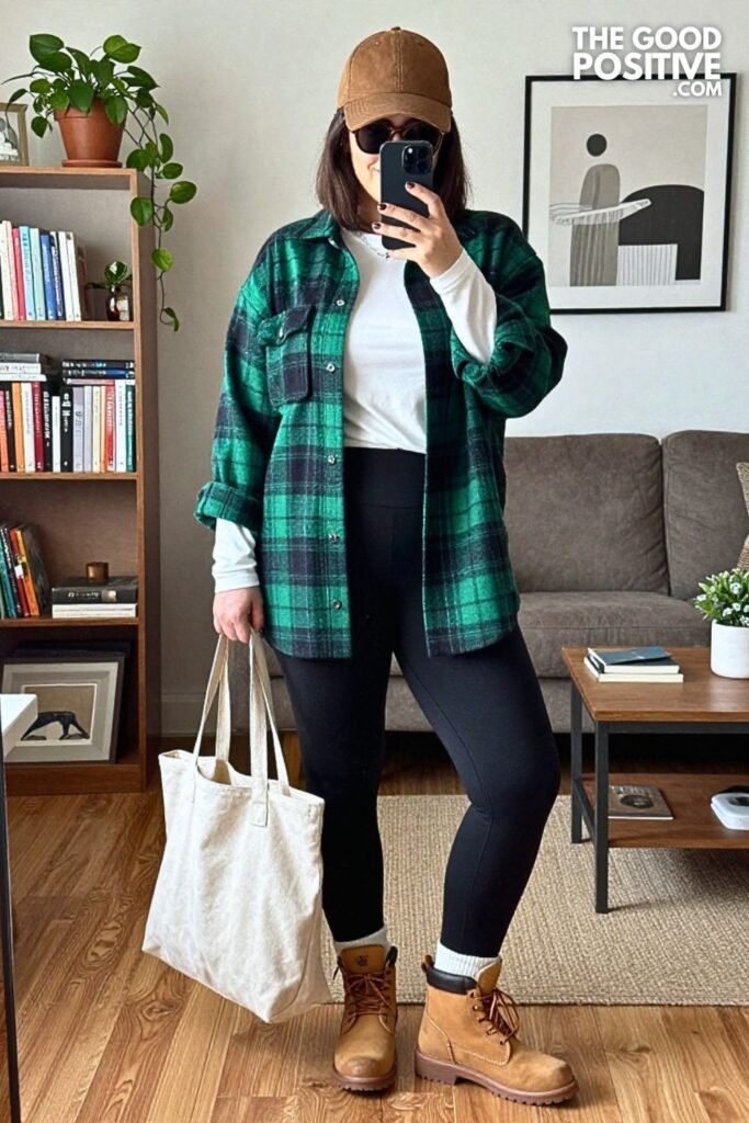 Flannel Shirt-Jacket, Thermal Leggings and Duck Boots