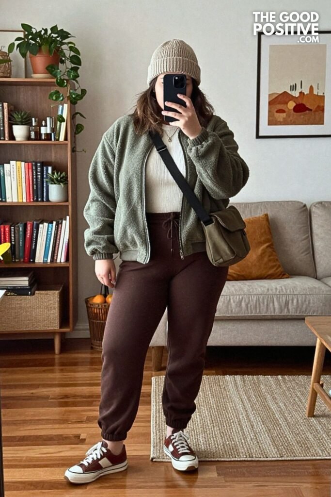 Fleece Bomber Jacket with Straight Leg Joggers and Retro Sneakers