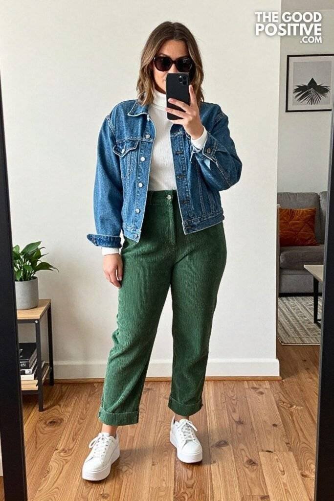 Forest Green Corduroy Jumpsuit With Cropped Denim Jacket and Chunky Sneakers