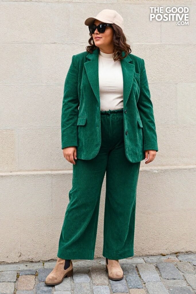 Forest Green Corduroy Set, Fitted Mock Neck, Suede Chelsea Boots