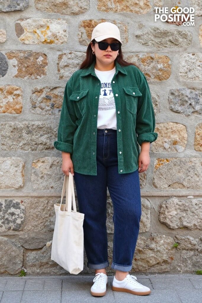 Forest Green Corduroy Shacket, Graphic Tee, Mom Jeans, and White Sneakers
