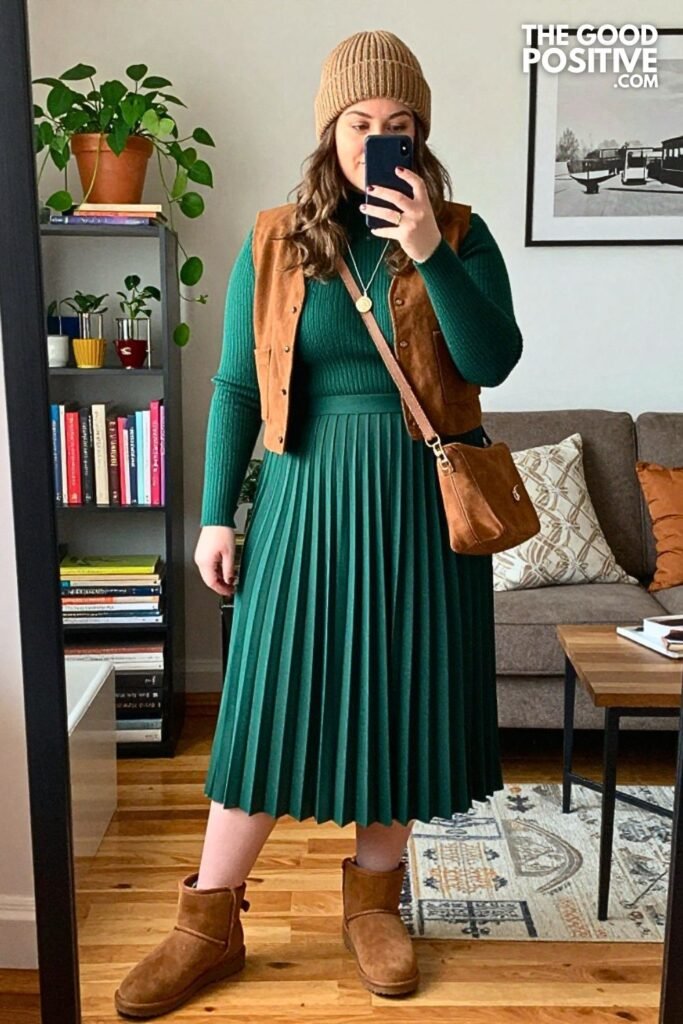 Forest Green Pleated Midi Skirt with Mock Neck and Chestnut Ugg Boots