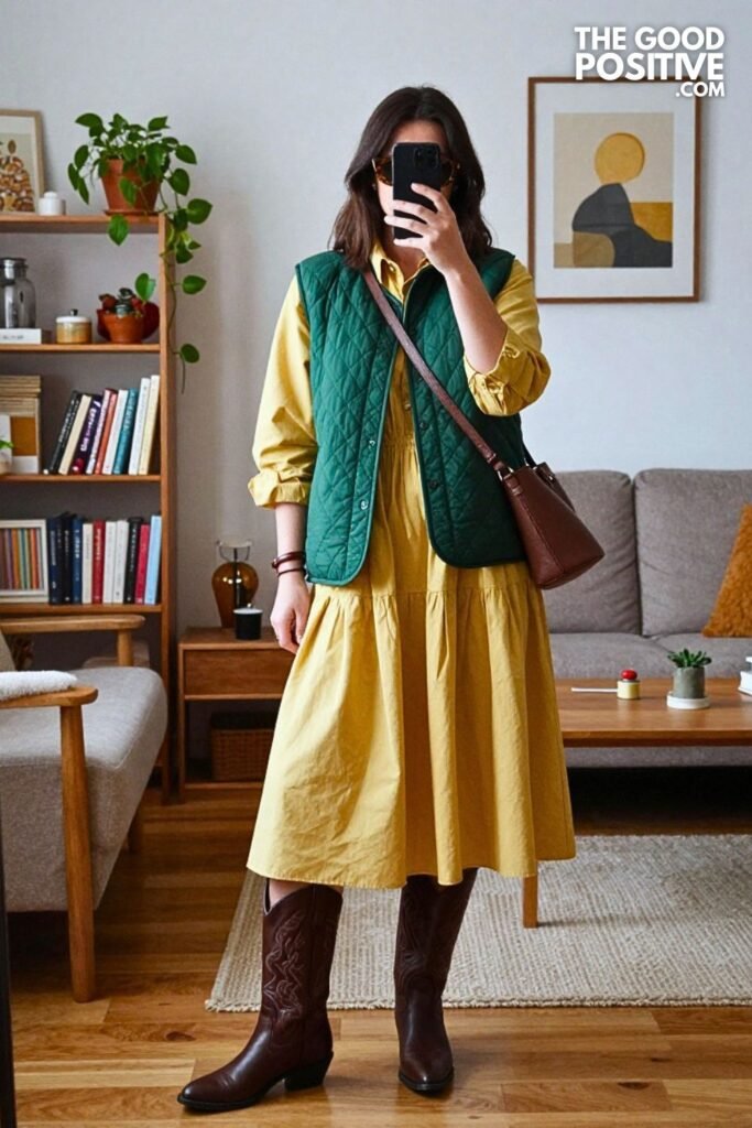 Forest Green Quilted Vest with Butter Yellow Midi Dress