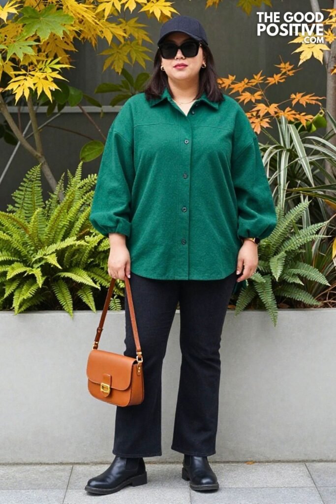 Forest Green Shacket, Black Flare Jeans, Chelsea Boots