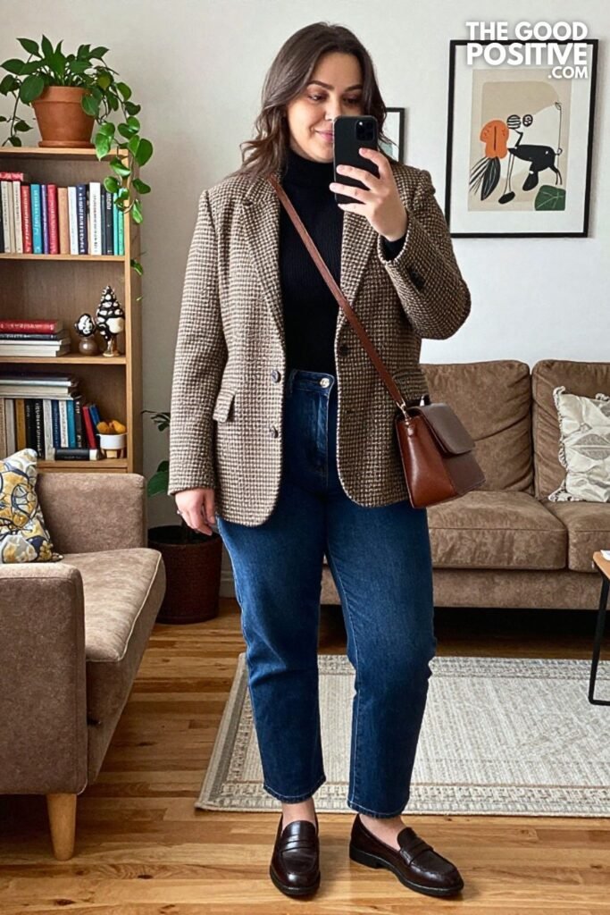 Houndstooth Blazer, Turtleneck, and Straight Leg Jeans