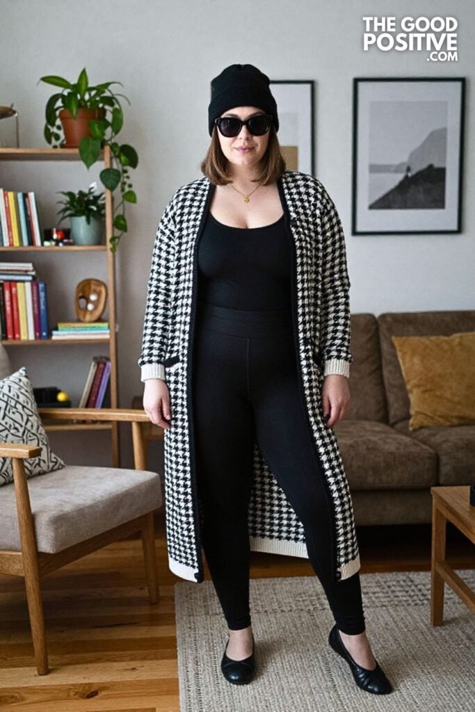 Houndstooth Cardigan, Leggings and Ballet Flats