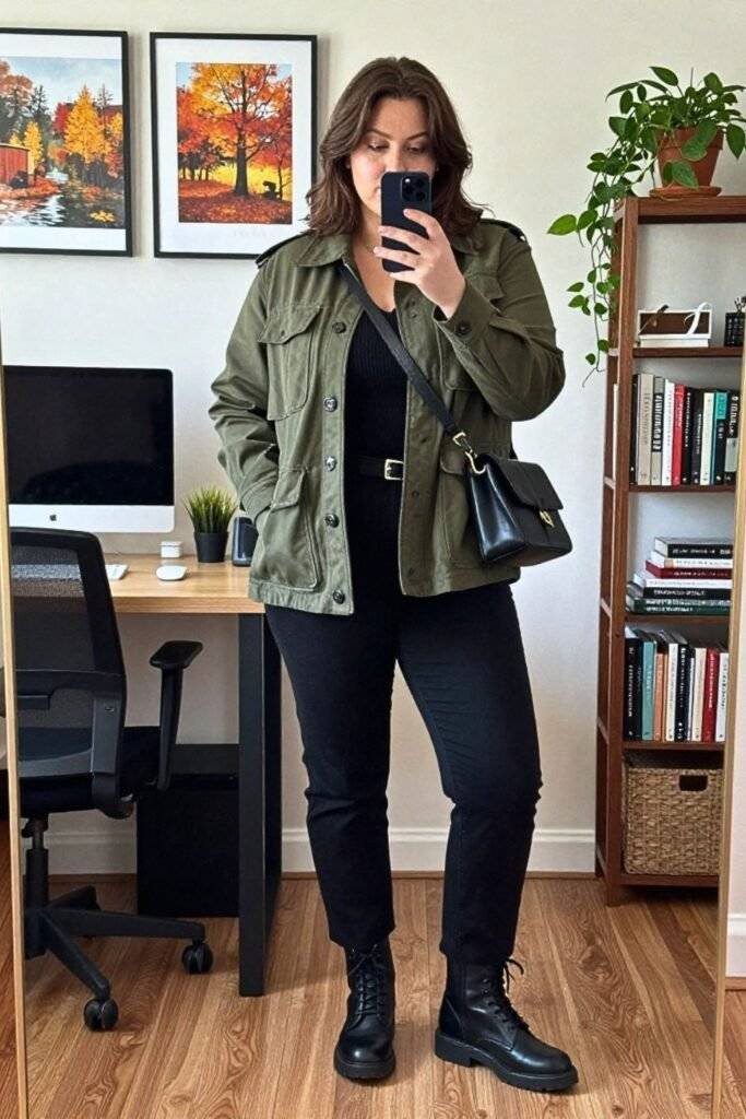 Utility Jacket with Knit Top and Tailored Trousers
