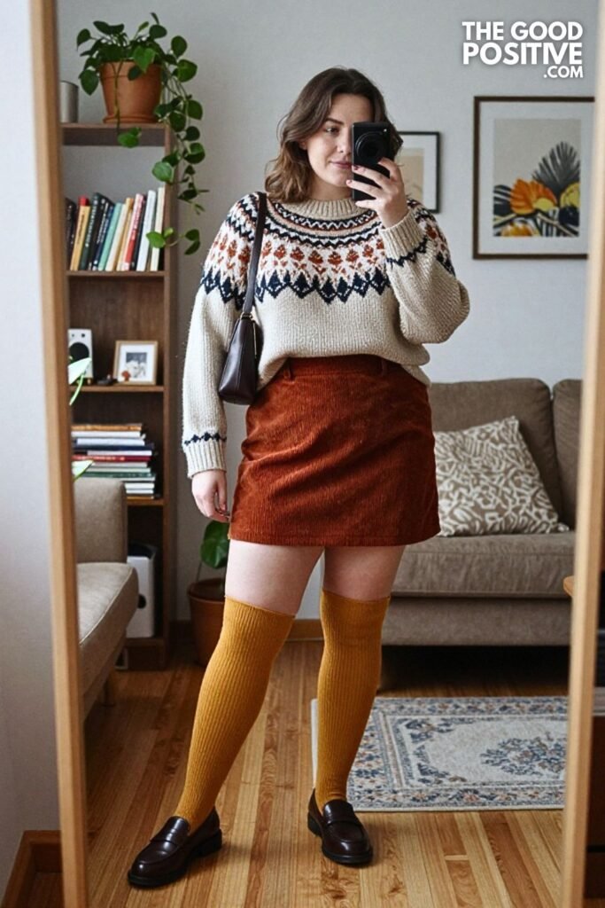 Intarsia Knit Sweater, Corduroy Mini Skirt, and Loafers with Socks