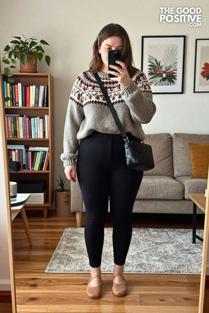 Intarsia Knit Sweater, Stirrup Pants, and Ballet Flats