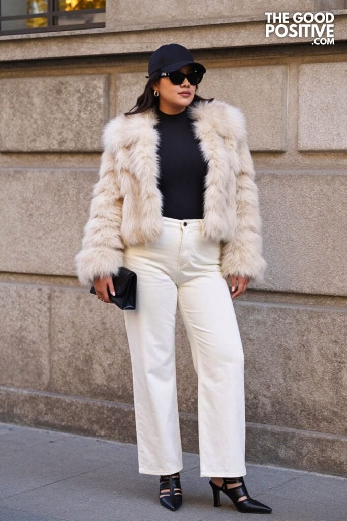 Ivory Faux Fur Trim Jacket, Black Bodysuit, Wide Leg Jeans, and Strappy Heeled Boots