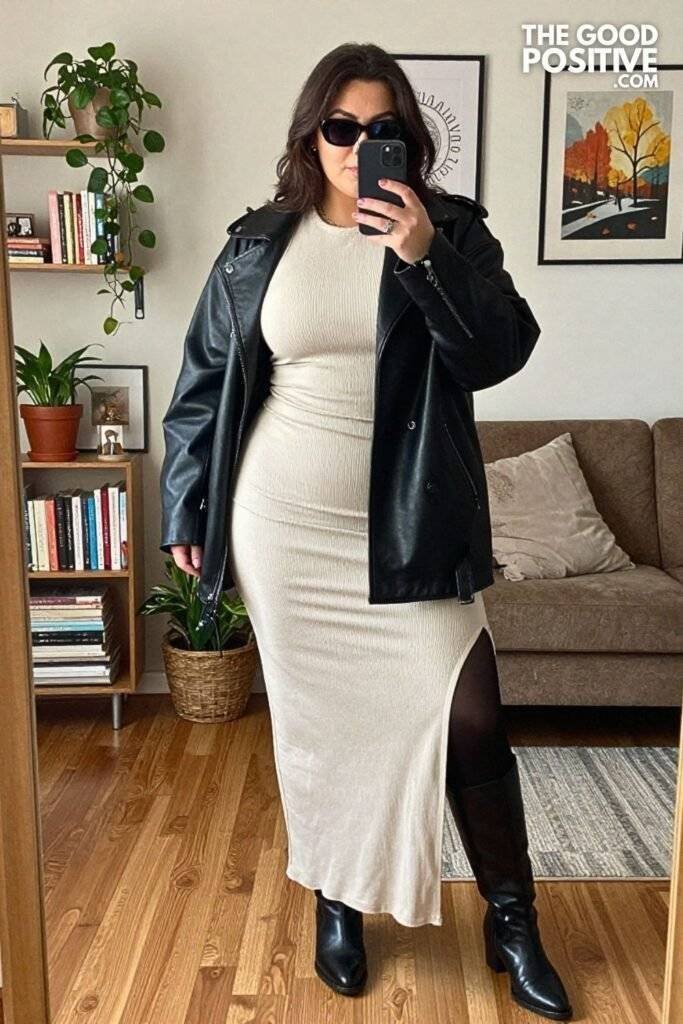 Ivory Ribbed Maxi Dress With Oversized Leather Jacket and Knee-High Boots