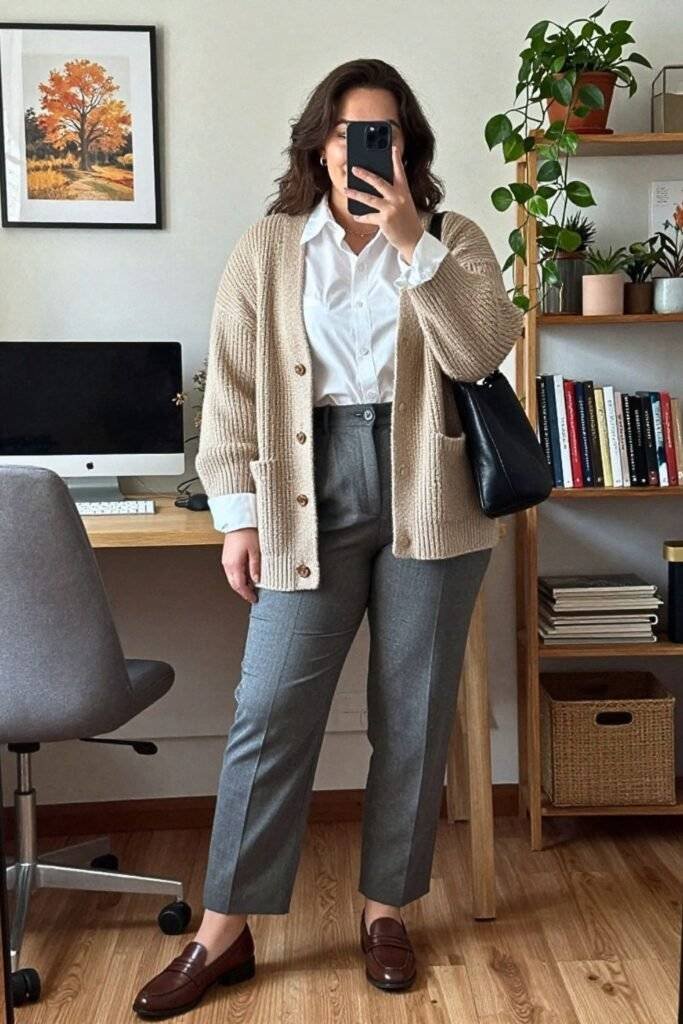 Cardigan Over Collared Shirt with Trousers