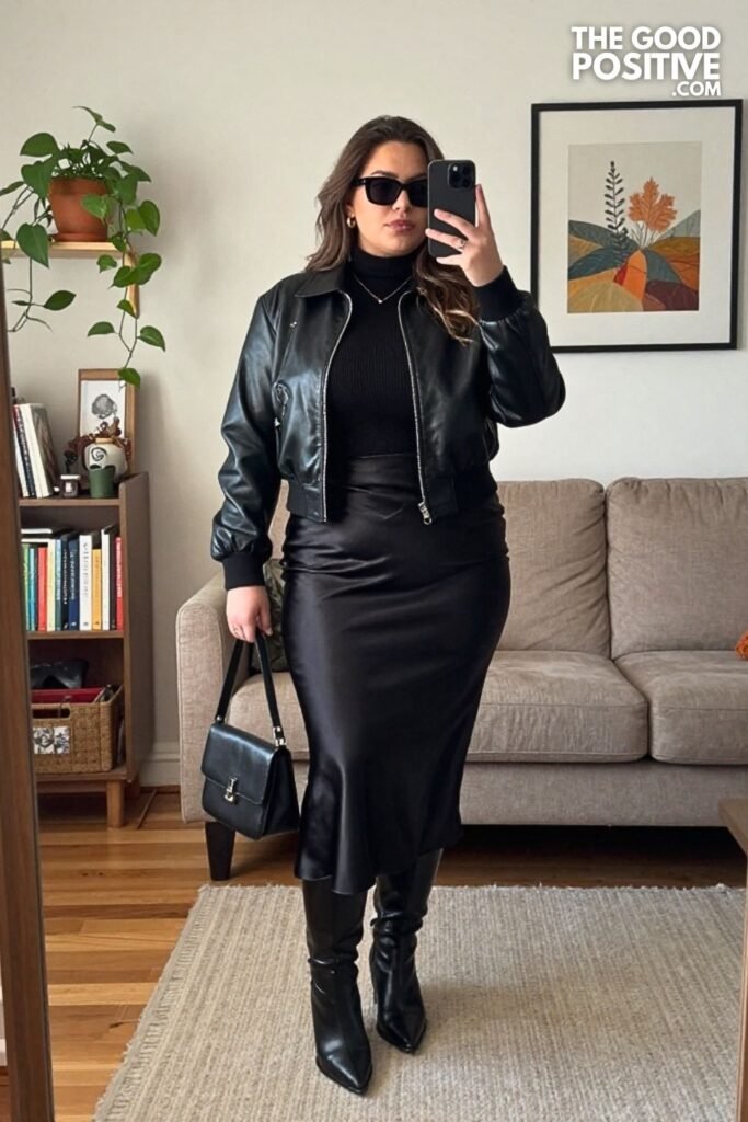 Leather Bomber Jacket, Midi Skirt, and Ribbed Knit Top