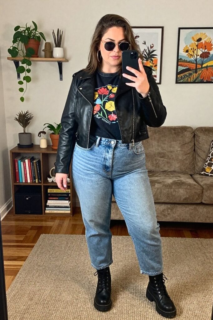 Leather Jacket, Graphic Tee, and Mom Jeans