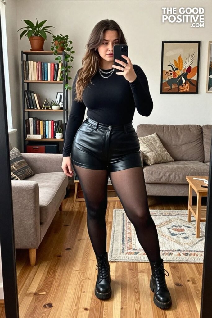 Leather Shorts, Sheer Black Tights, and Combat Boots