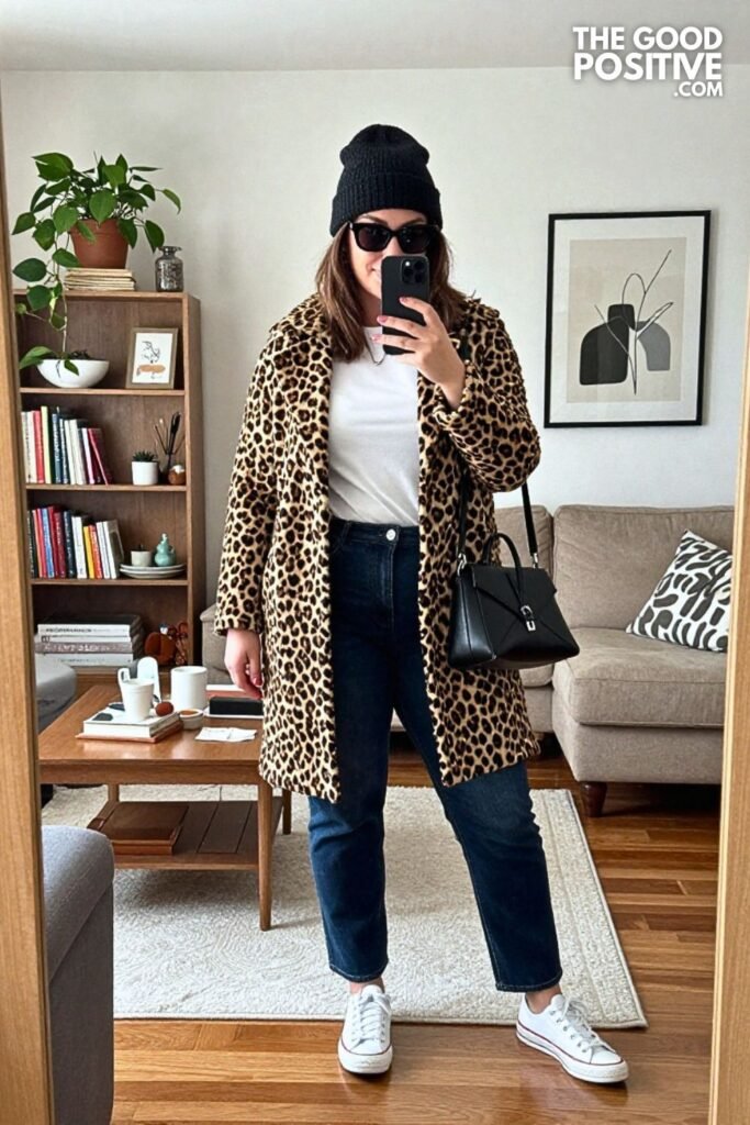 Leopard Print Coat, Basic Tee and Straight-Leg Jeans