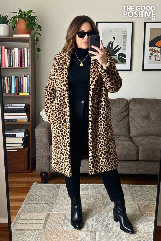 Leopard Print Coat, Black Turtleneck, and Tailored Trousers