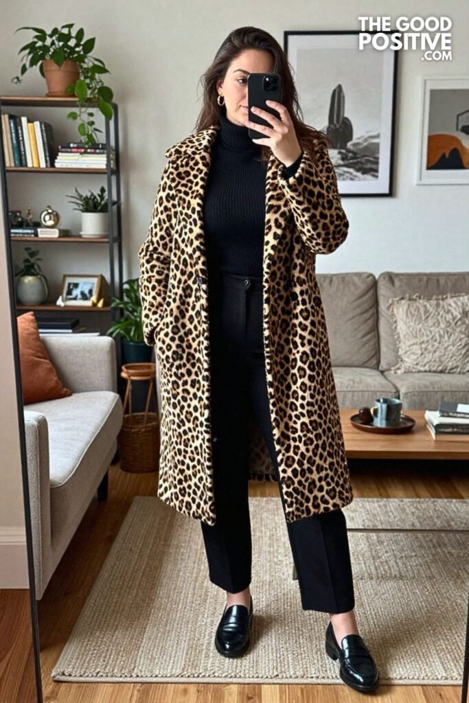 Leopard Print Coat, Ribbed Turtleneck, and Tailored Trousers