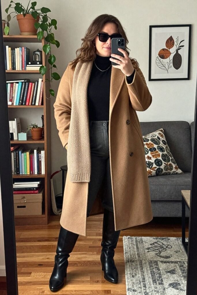 Long Wool Coat, Scarf, and Knee-High Boots