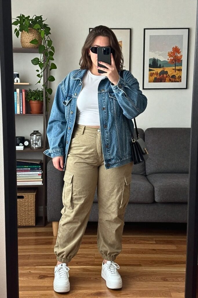 Low-Rise Cargo Pants with Baby Tee and Denim Jacket