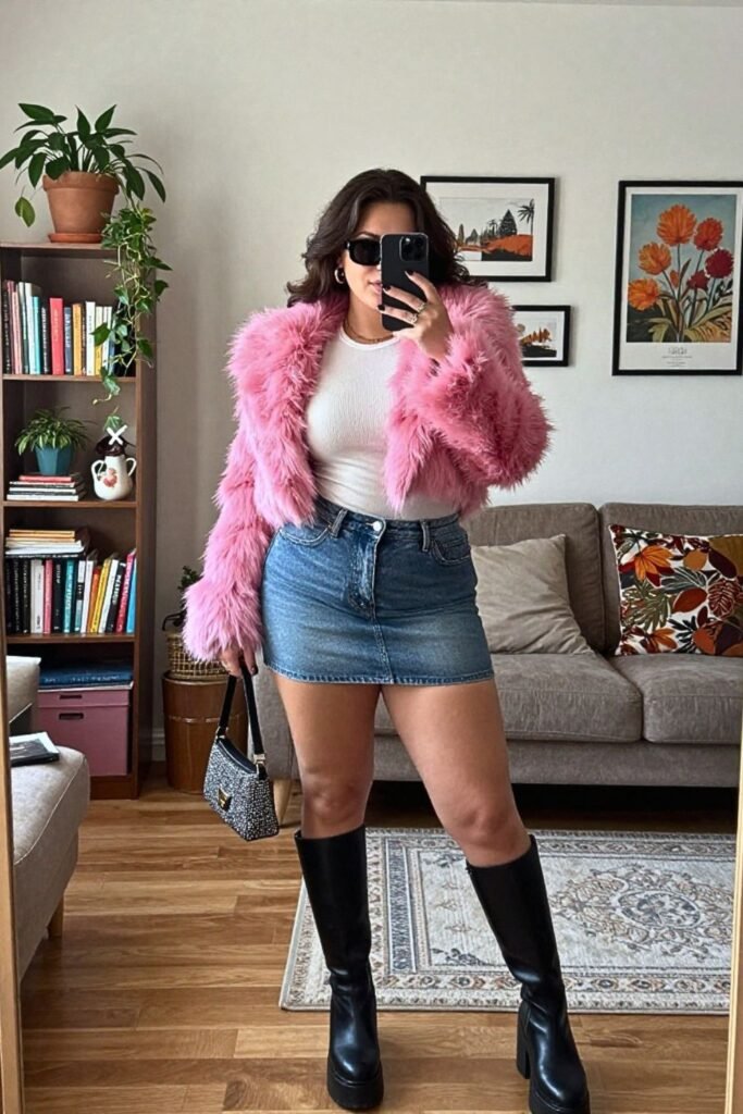 Low-Rise Mini Skirt with Faux Fur Trim Jacket