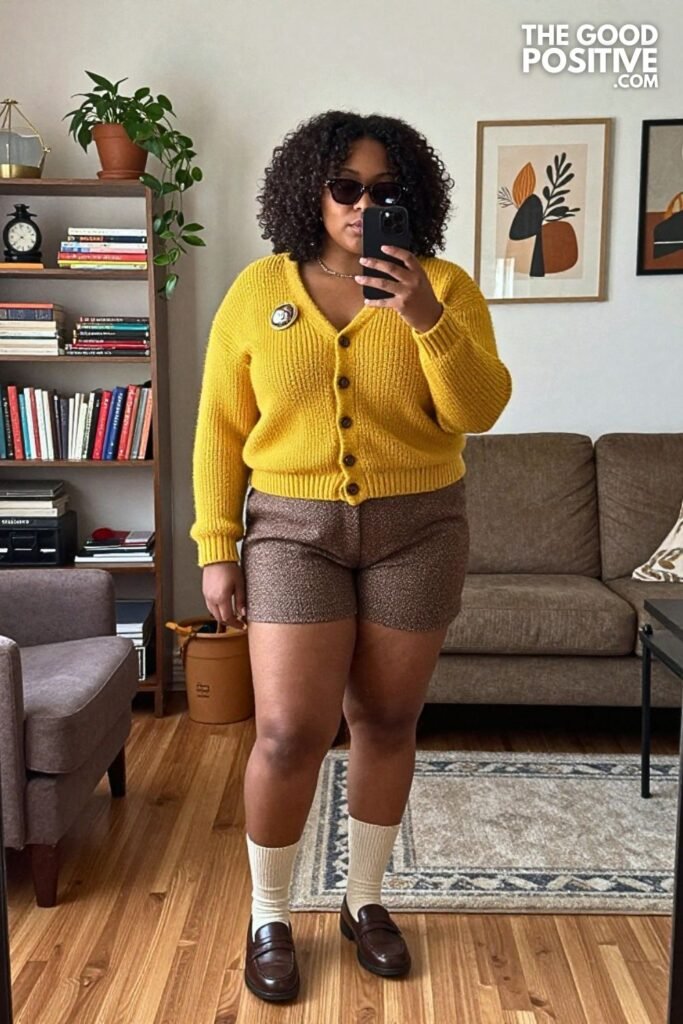 Marigold Cardigan Set, Tweed Shorts, and Knee Socks