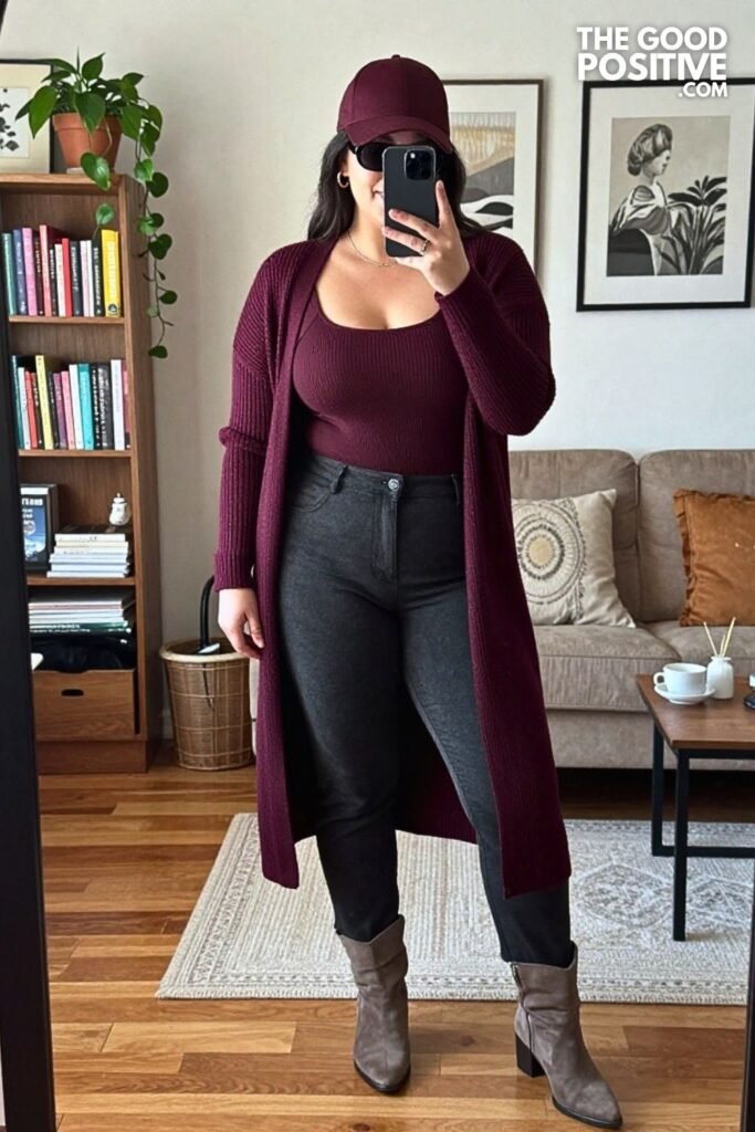 Matching Cardigan Knit Set and Suede Ankle Boots