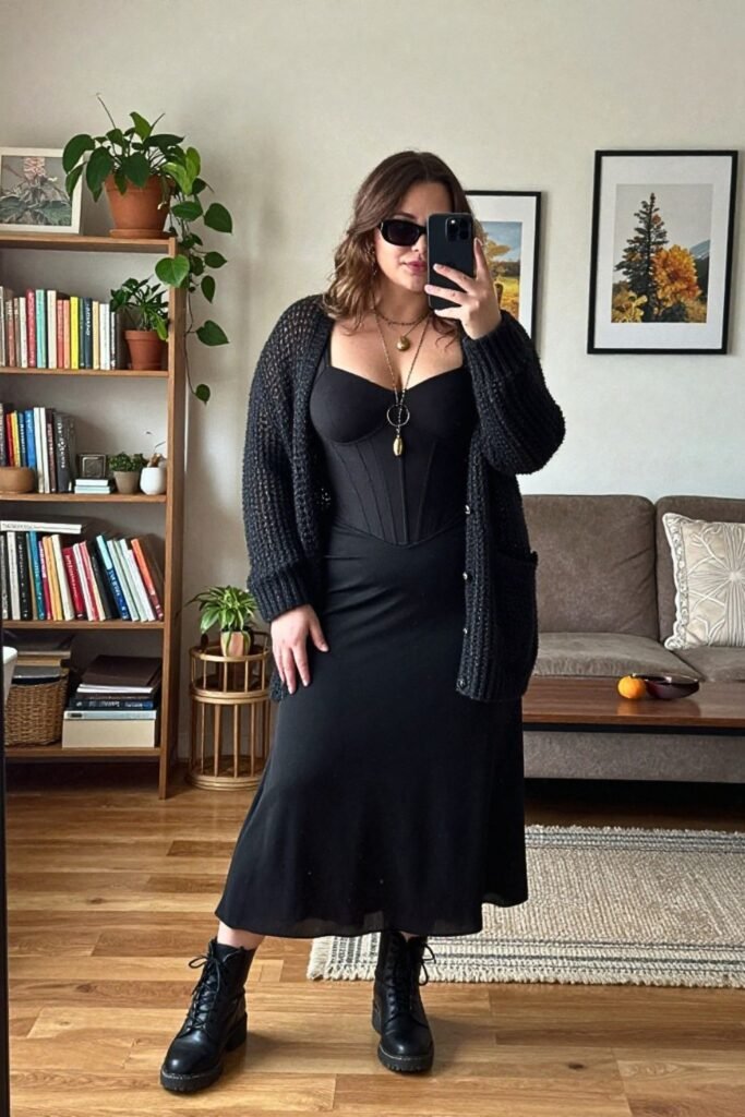 Maxi Skirt, Corset Top, and Lace-Up Boots