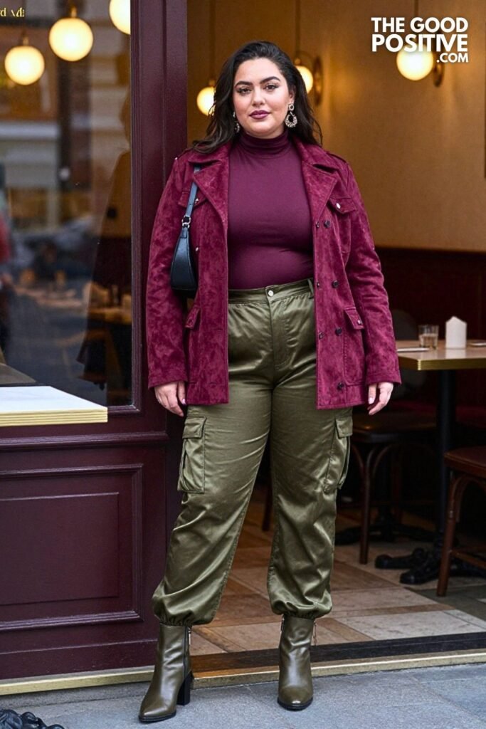 Merlot Faux Suede Shacket with Wide-Leg Satin Cargo Pants