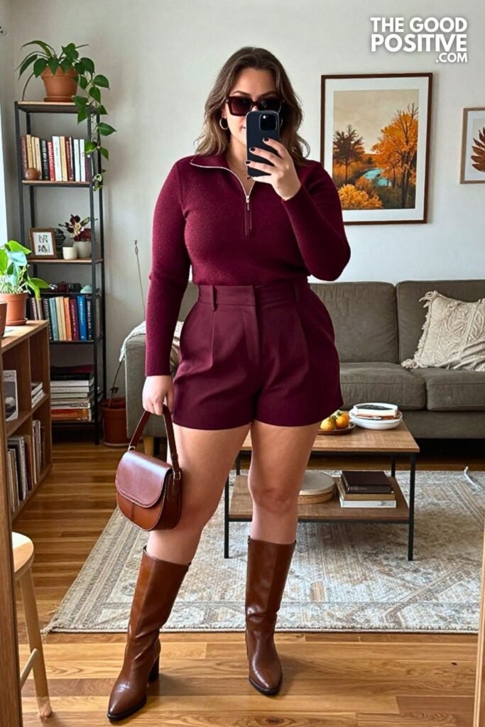 Merlot Zip Collar Sweater with Stone Paperbag Shorts