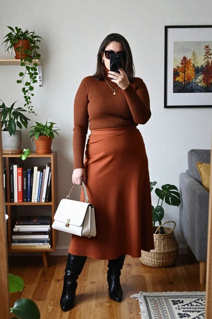 Midi Skirt, Turtleneck, and Knee-High Boots